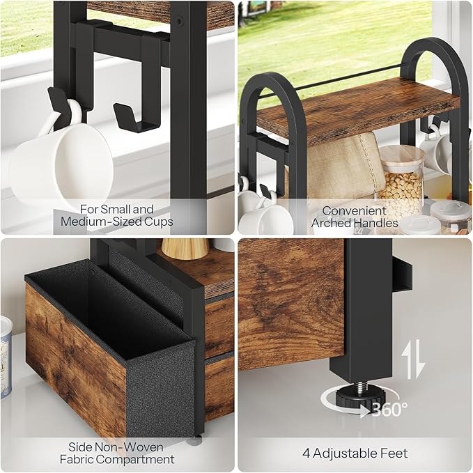 HOOBRO Coffee Mug Tree, 2 Tier Mug Organizer, Coffee Mug Cup Holder with Drawer for 40K-Cup Pods, Mug Display Stand with 8 Hooks, Countertop Holder Rack for Kitchens, Black and Rustic Brown BF04CR01