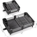 Stainless Steel Dish Drying Rack - Dish Drainer for Kitchen Counter, Extendable Drainboard with Foldable, Space-Saving Cup & Bowl Organizer, Includes Knife and Utensil Holder, Black