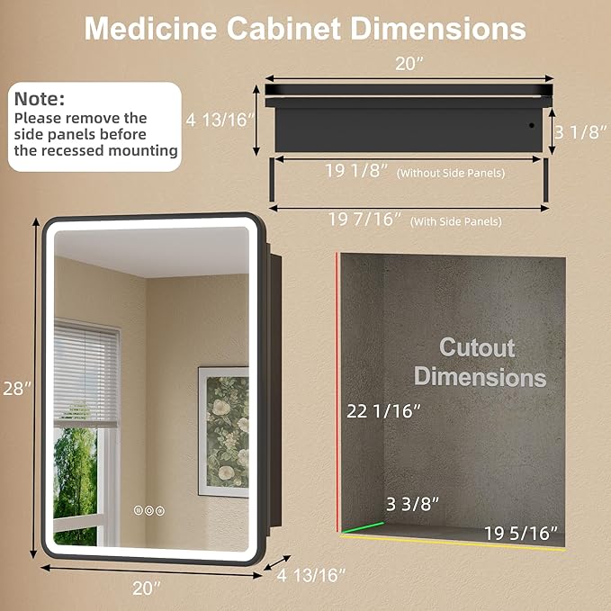 20 x 28 Inch LED Medicine Cabinet with Mirror, UL Certified Dimmable Lighted Bathroom Mirror Cabinet, Anti-Fog & Memory Function, 3 Color Modes, Recessed or Wall Mounted, Adjustable Shelf, Black