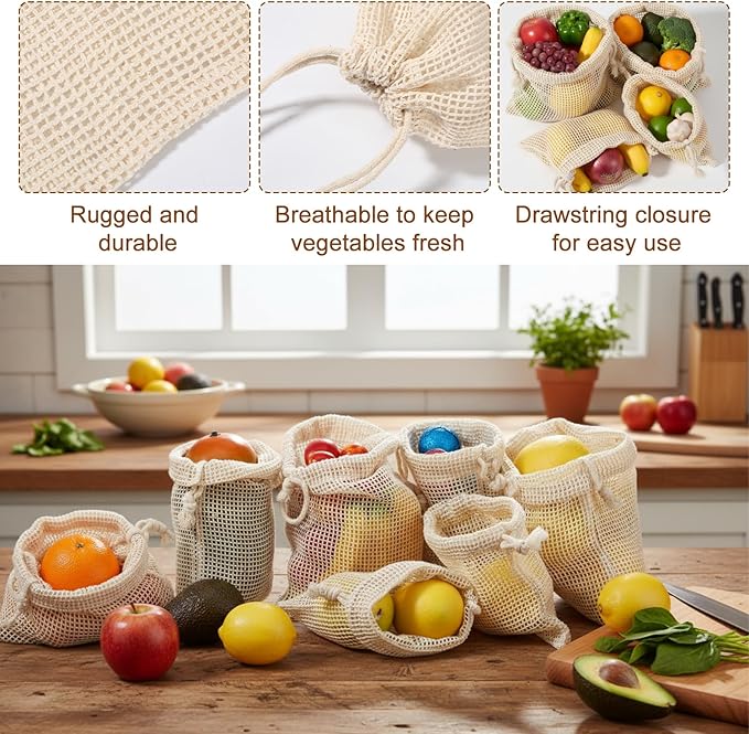 6 Pack Reusable Produce Bags Washable Reusable Bags Cotton Mesh Produce Bag Double-Stitched with Drawstring Vegetable Bag for Refrigerator for Farmer Market Beach Fruit Grocery Shopping （2L、2M、2S）