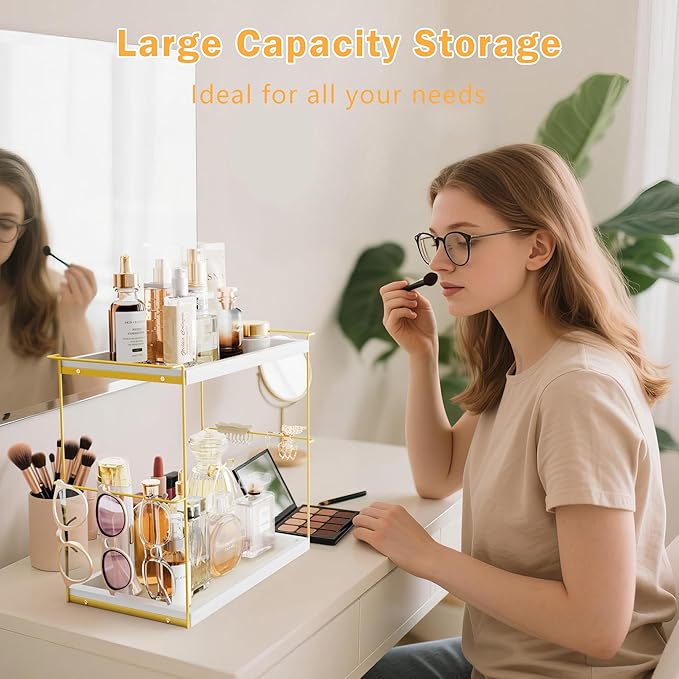 Emfogo Perfume Organizer for Women, 2 Tier Wooden and Metal Cologne Organizer for Men, Large Capacity Perfume Stand Holder Tray for Vanity Bathroom Countertop Organizers and Storage (White and Gold)