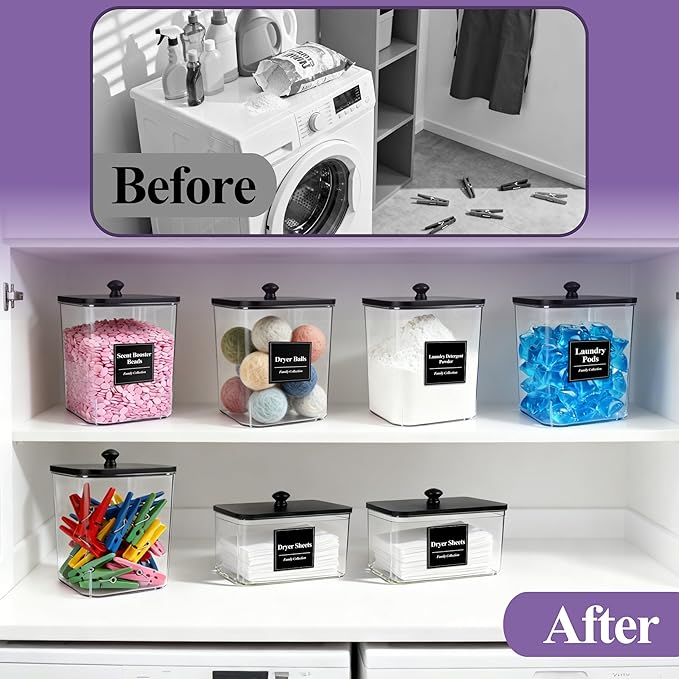 4 Pack Laundry Pods Container with Anti-slip mat, Clear Dryer Sheet Holder, Laundry Room Organization Containers with Black Wooden Lids & Labels, Laundry Detergent Holder for Scent Booster