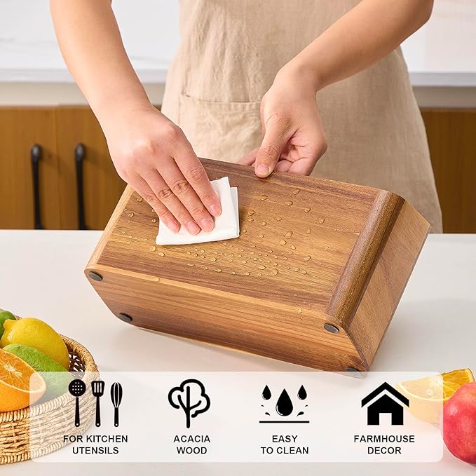Wooden Utensil Holder for Kitchen Counter, Acacia Wood Kitchen Utensil Holder for Countertop with 4 Compartment, Cooking Utensil Organizer, Silverware Caddy (Acacia Wood, 3Compartment)