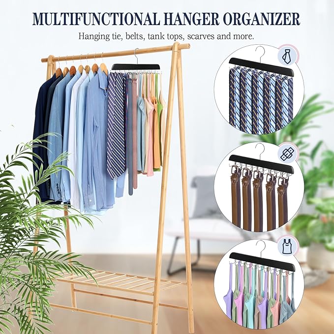 Tie Rack Belt Hanger for Closet Upgraded Non Slip Tie Hanger Space Saving with 20 Foldable Hooks Wooden Belt Tie Organizer for Tank Tops Bras Cami Scarves
