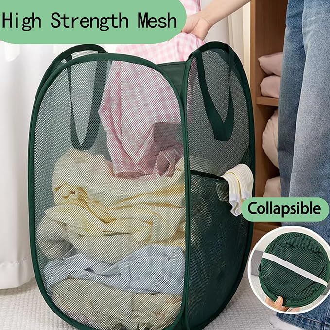 Pop Up Laundry Hamper Thick Mesh Collapsible Laundry Baskets, Large Side Pocket, Strong Handles, Travel Friendly for Cruise, RV (Green+Pink)