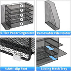 OPNICE Desk Organizer, 5-Tier Paper Organizer Letter Tray with Magazine Holder, Office Desk Accessories & Workspace Organizers, Desktop File Organizer for Office Supplies Storage, Black