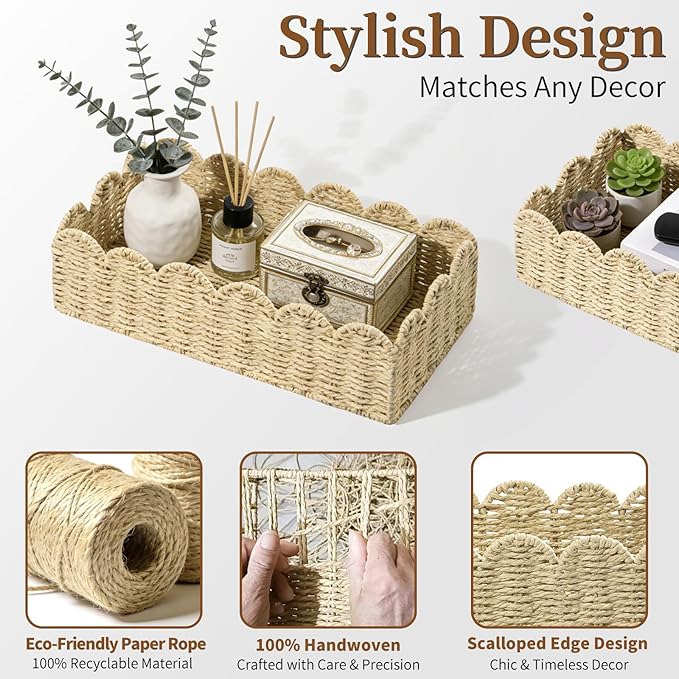 15" x 7.1" x 4" Scalloped Edge Paper Rope Basket, Toilet Paper Storage & Cozy Living Room Decor Basket for Over Toilet Shelf, End Table, Beige