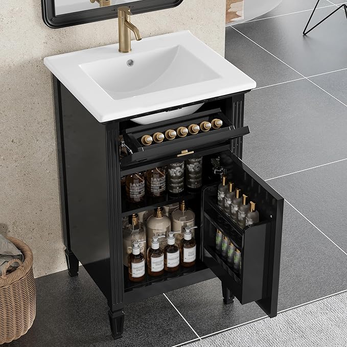 20 in Small Bathroom Vanity with Sink,Soft Closing Door,Tilt-Out Drawer and Adjustable Shelf,Solid Wood Modern Single Bathroom Sink Cabinet,Freestanding (Black)