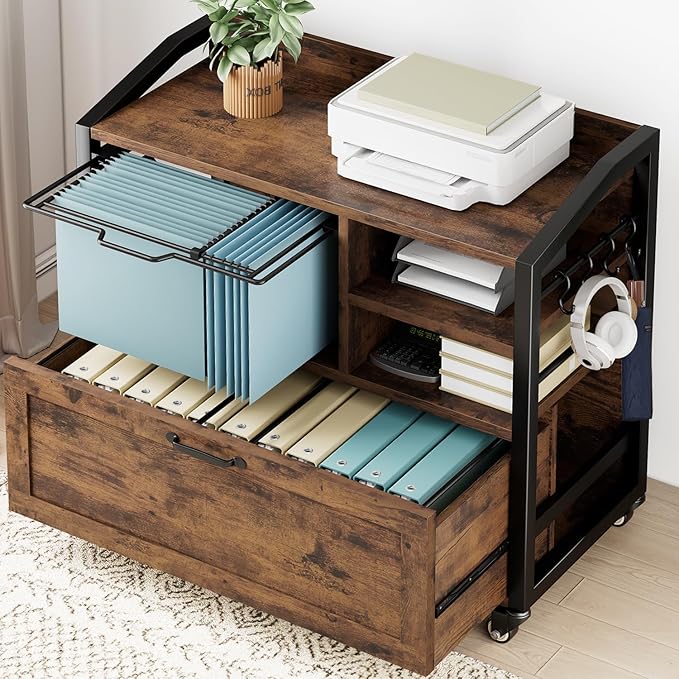 HSH Mobile Lateral File Cabinet with Drawer, Rolling Filing Cabinet with Storage Shelves & Hanging File Folders, Wooden Metal Printer Stand Fits A4 Letter Legal Size for Home Office, Rustic Brown,33In