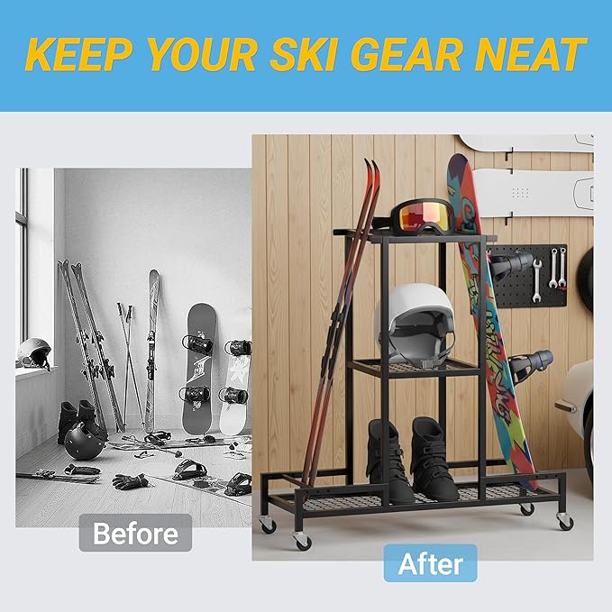 Standing Ski Storage Rack, Holds Snowboards & Skis, 3-Tier Organizer for Gear, Black - Ski Rack for Garage (without antislipmat)