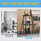 Standing Ski Storage Rack, Holds Snowboards & Skis, 3-Tier Organizer for Gear, Black - Ski Rack for Garage with Anti-Slipmat