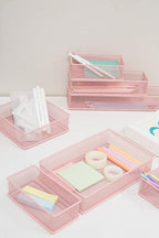 Annova Mesh Stackable Drawer Cabinet and Shelf Organizer Bins Storage Basket School Office Supply Holder Tray- Set of 2 (Light Pink, 3x9x2 Inch)