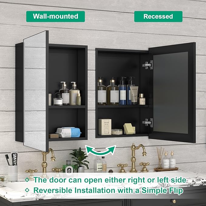 24 x 32 Farmhouse Medicine Cabinet for Bathroom, Black Bathroom Mirror with Storage, Tempered Glass, Frameless Recessed or Wall Mount Aluminum Medicine Cabinet - Pre-Assembled