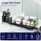 Large Dish Drying Rack, Expandable Dish Rack for Kitchen Counter, Dish Drainer with Drainboard Set, Multifunctional Dishrack with Utensil Holder & Cup Holder, 13.4"-28.7" L x 11.8" W, Black