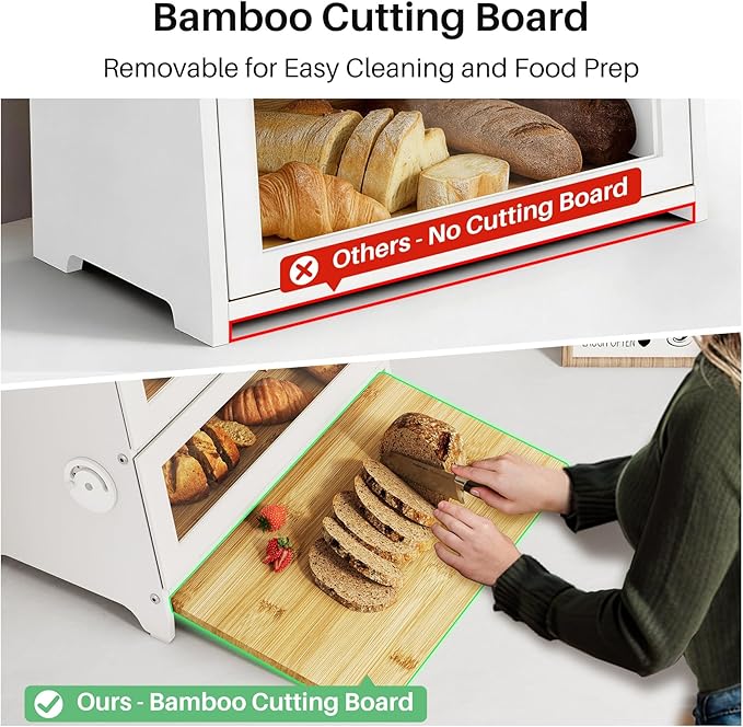 SNTD Bread Box - Kitchen Countertop Bread Storage Container with Bamboo Cutting Board, Adjustable Vent Hole Dials, White