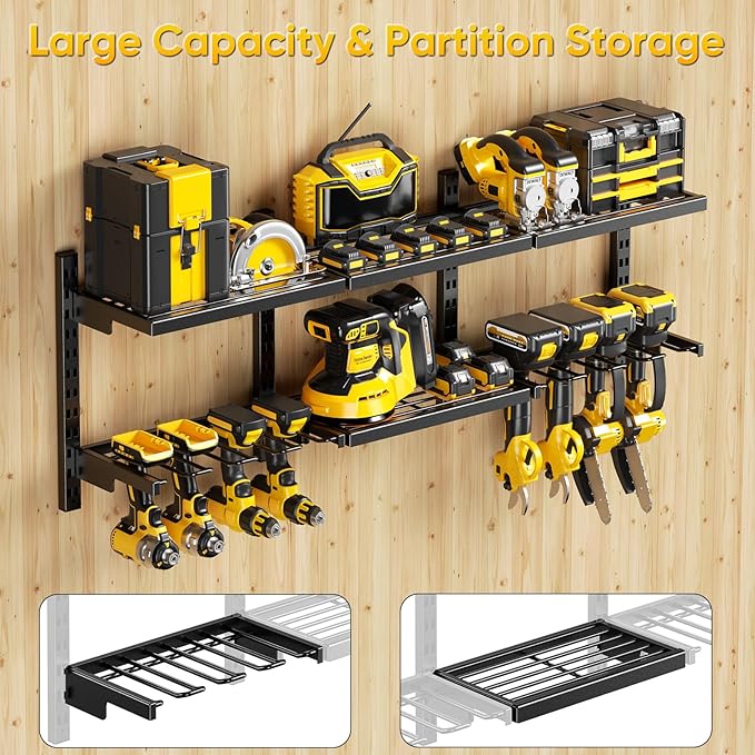 Large Modular Power Tool Organizer Wall Mount With 6 Adjustable Shelf, Heavy Duty Iron Tool Storage Rack Loads 300lbs with 8 Cordless Tools Drill Holder,Battery Utility Rack for Garage Workshop