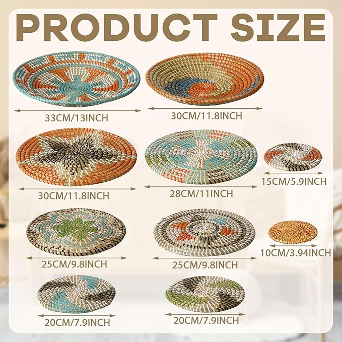 Tatuo 11 Pcs Boho Wall Basket Decor Decorative Bulrush Woven Basket Wall Decor Art Round Farmhouse Hanging Baskets for Kitchen Rustic Home Summer Decorations, Multi Sizes(Farmhouse)