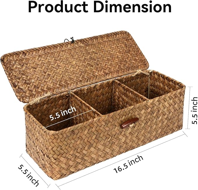 Seagrass Tank Basket with Lid with Rectangular Small Shelf Baskets Bin, Toilet Paper Basket with 3 Sections for Organize,Home Organizer Bin for Shelves Bathroom Closets Kitchen
