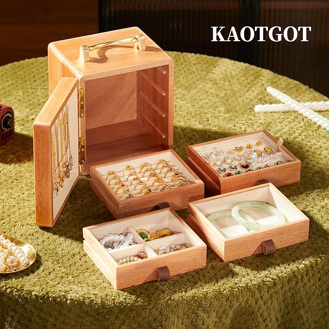 Wooden Jewelry Box for Women 4 Tier Walnut Wooden Jewelry Box with handle (Flower and butterfly prints A)