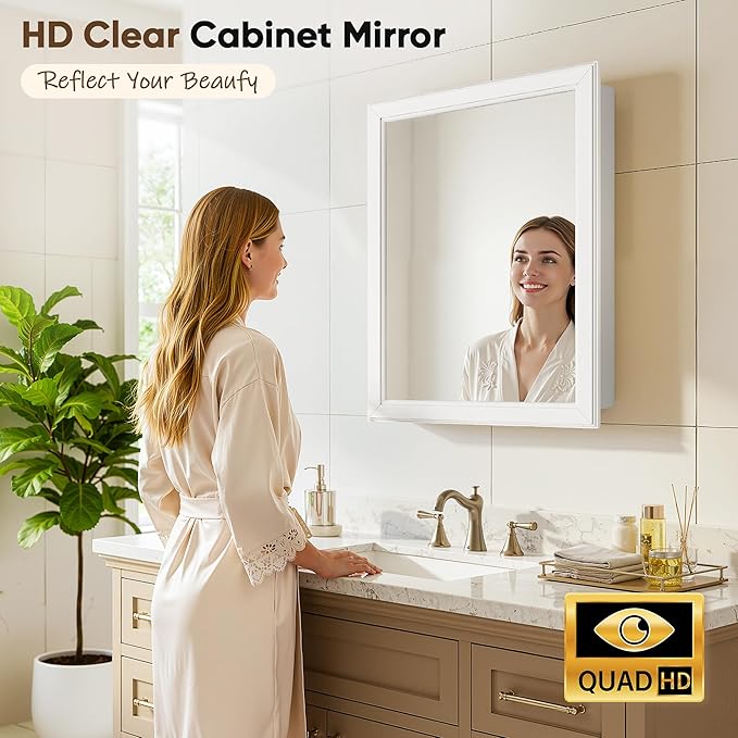Antok Medicine Cabinet with Mirror 15x19 inch, Wall-Mounted Bathroom Mirrors with Storage Modern, in Recessed Vanity Medicine Cabinets Door Wooden Frame Shelf Surface Mount Over Sink Organizer, White