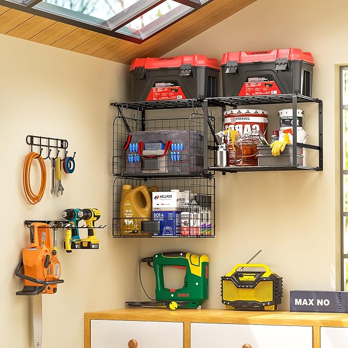 Garage Shelf Wall Mounted with Wire baskets, Heavy Duty Garage Wall Shelving with Garden Tool Rack and Hooks, Wire Shelf Baskets Tool Organizer for Home Garden Yard Organization and Storage