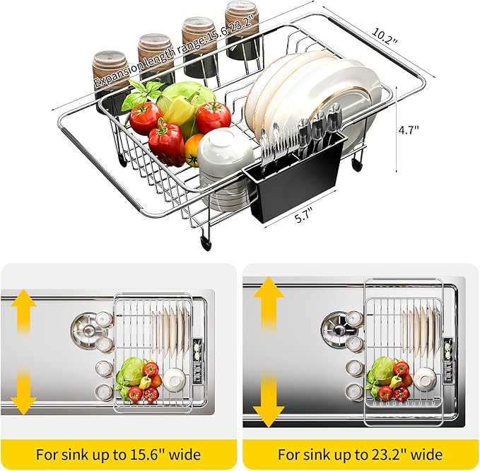 Expandable Over The Sink Dish Drying Rack - Adjustable Stainless Steel Dish Rack for Kitchen Counter or In-Sink, Heavy-Duty Rust-Proof Space Saving Drainer with Utensil Holder (15.5" to 23.2")