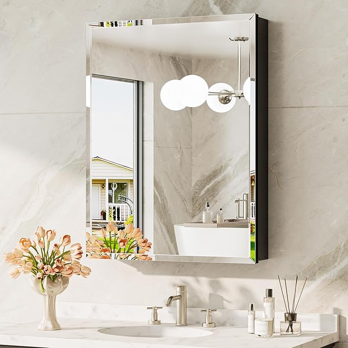 TokeShimi 24 x 32 Mirrored Medicine Cabinet, Assembly Required, Black Medicine Cabinet for Bathroom, Tempered Beveled Mirror, Stepless Adjustable Shelves, Recessed/Wall Mounted