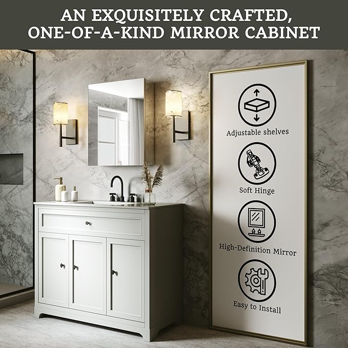 20x24 Bathroom Medicine Cabinet with Mirror,Aluminum Alloy Frame with Mirror Side Panels,Surface or Recessed Medicine Cabinet with Adjustable Shelves,Assembly Required