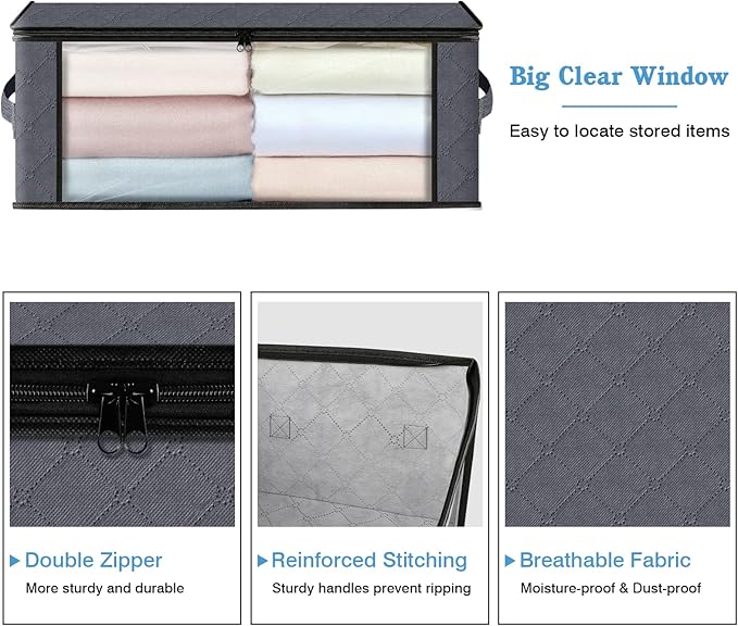 HomeHacks Storage 10-Pack Clothes Organizer Storage Bags Foldable Storage Box with Large Clear Window Sturdy Handles for Closet, Dorm, Pillows, Bedding, Clothes, Blankets, 35L, Grey