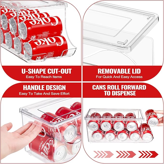 2 Pack Stackable Refrigerator Organizer, Soda Can Dispenser Pop Cans Container Beverage Holder with Lid for Fridge, Freezer, Kitchen, Clear Plastic Storage Bins-Holds 10 Cans Each