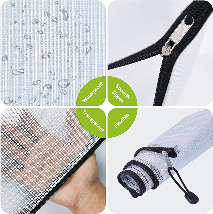 12 Pcs Plastic Mesh Zip File Bags, Waterproof Tear-Resistant Document File Folders, B4 Size Zipper Documents Pouch Document Organizer Bags for School Office Home Travel Storage(15.35×11.22Inch)