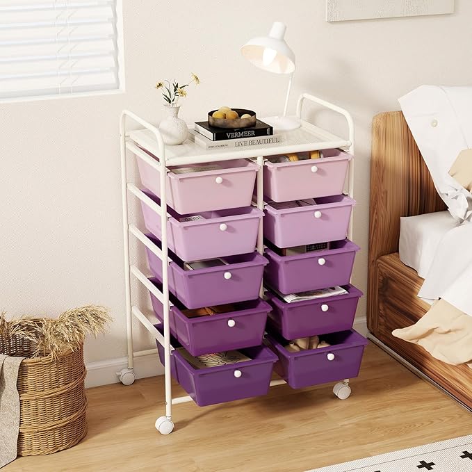 RELAX4LIFE 10-Drawer Rolling Storage Cart - Mobile Craft Art Supply Storage Organizer for Tool Scrapbook Paper Salon, Office School Classroom Teacher Rolling Cart with Drawers, Utility Cart on Wheels