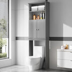Meilocar Over the Toilet Storage Cabinet for Bathroom, Storage Cabinets Over Toilet, Bathroom Floor Mounted Cabinet Space Saver with Adjustable Shelf and 2 Open Shelves, 75in, Grey