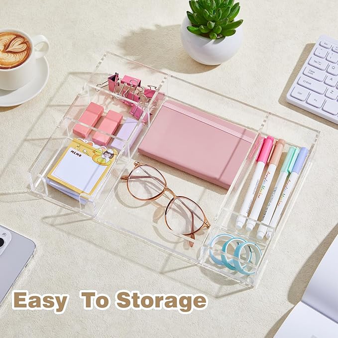2 Pcs Clear Acrylic Desk Drawer Organizer 12 x 8 x 1.77 Inch Drawer Organizer Trays with 6 Compartments Desk Accessories for Office Makeup Silverware Bathroom