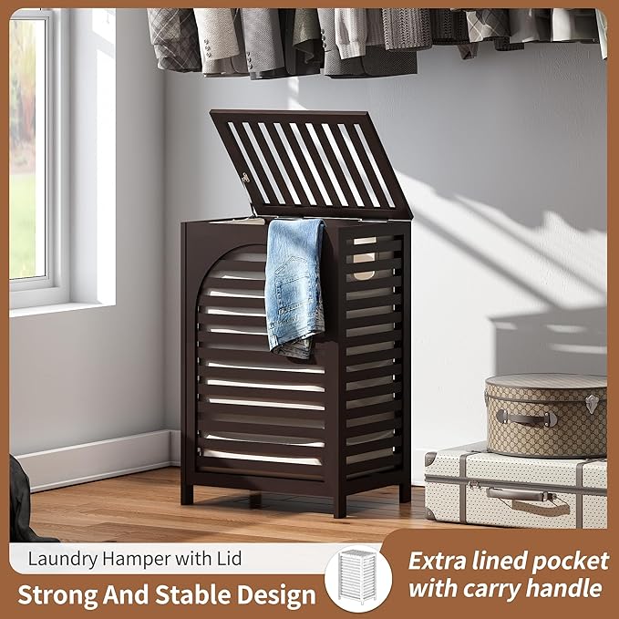 FILWH Laundry Hamper with Lid (16.9 * 13 * 26.5inches) Large Bamboo Laundry Bin Basket 85L Clothes Hamper with 1 Removable Bag Storage baskets for Bathroom(Brown)