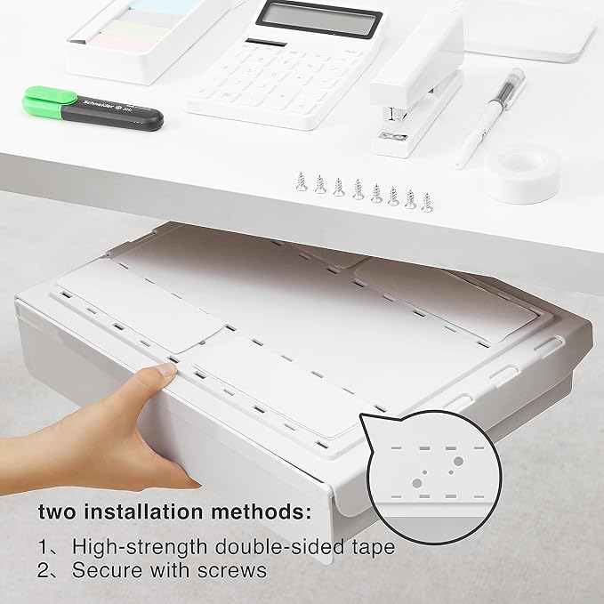Under Desk Drawer - Super Large Under Table Hidden Drawer Desk Accessories & Workspace Organizers Desktop Storage Pencil Slide Out Organizer with Screw Adhesive Tape Shelf Tray at Office