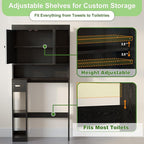 Over The Toilet Storage Cabinet with 7 Shelves, Imitation Walnut Grain Above Toilet Bathroom Organizer with Toilet Paper Holder Stand, Space Saver for Restroom, Laundry, Bathroom (Black)