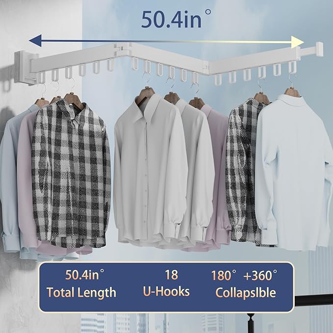 Clothes Drying Rack, Laundry Drying Rack Wall Mount for Bathroom, Retractable and Foldable Clothes Hanging Rack with U-Hooks for Laundry Room, Balcony, Closet, Bedroom(Tri-Fold), White