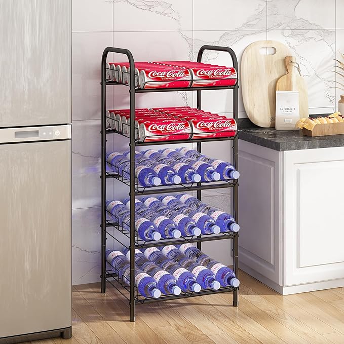GILLAS 5 Tier Water Bottle Storage Rack, Free Standing Vertical Metal Organizer, Fits Different Sized Bottles Taller Cans, Easy Assembly Water Holder Stand for Kitchen Pantry, Black