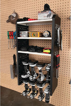 Performance Tool W7704 17-in Five Level Power Tool Storage Rack: 200 lb Limit, 9-Gauge Solid Steel Frame, Baked on Powder Coat Finish with 1/4-in Peg Holes, For Garage/Home, Black/White