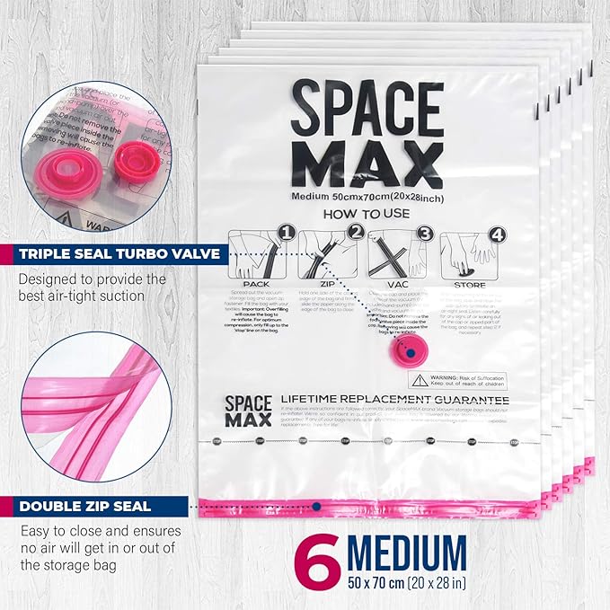 Medium 6 Pack | SPACE MAX Premium Space Saver Vacuum Storage Bags - Save 80% More Storage Space - Reusable, Double Zip Seal & Leak Valve, Includes Travel Hand Pump