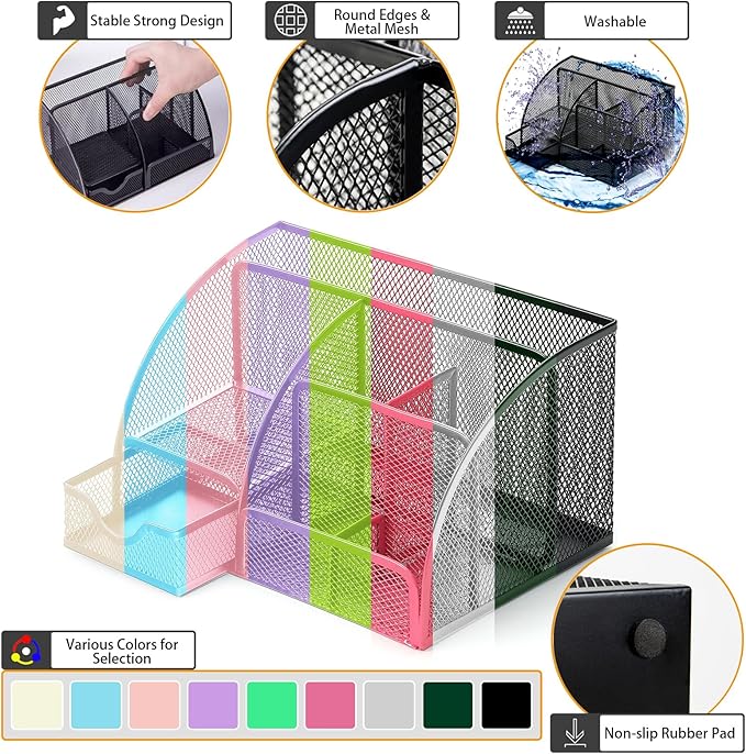 Boutilon Mesh Desk Organizer Desktop Office Supplies Stationary Organizer with 6 Compartments and 1 Drawer Multi-Functional Caddy Pen Holder for Home Office School Desk Decor(Pink)