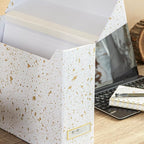Bigso Lovisa Fiberboard Label Frame 12 File Storage Box - Paperwork Storage Box with Metal Label Holder - Durable Document Organizer with Flip Top Lid - 3.7in x 13in x 9.4 in - Splash Gold