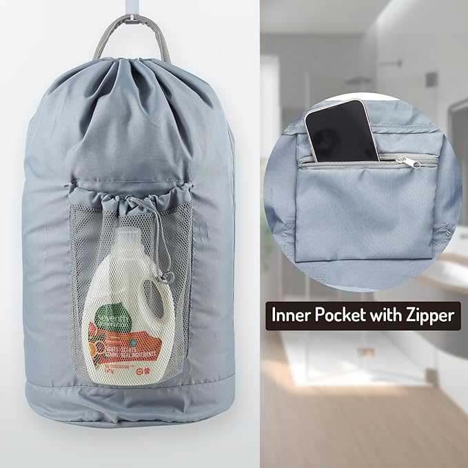 Seiritex Backpack Laundry Bag, Large Laundry Backpack with Detergent Holder and Adjustable Shoulder Straps for College Travel Dorm Room (Gray)