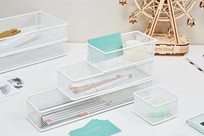 Annova Mesh Stackable Drawer Cabinet and Shelf Organizer Bins Storage Basket School Office Supply Holder Tray- Set of 2 (White, 6x15x2 Inch)