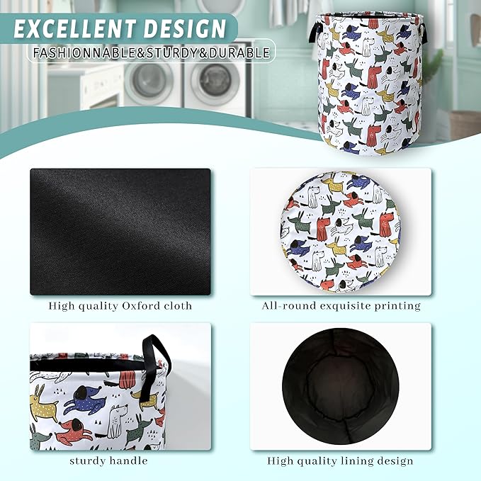 Cute Cartoon Animal Dogs Laundry Basket Foldable With Handles Tote Bag Oxford Cloth Funny Dog Laundry Hamper Clothes Storage Bucket Toy Organizer 18.9" x16.5" For Bathroom/Laundry/Bedroom