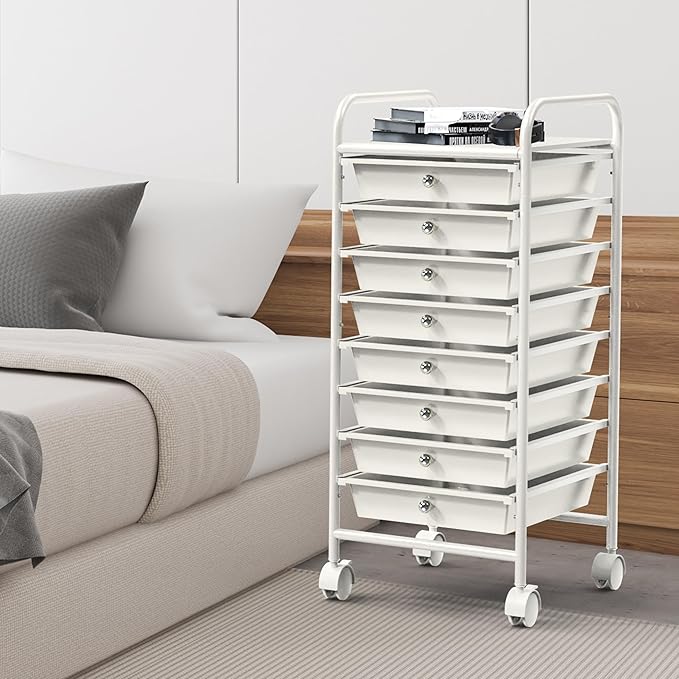 Simple Houseware Utility Cart with 8 Drawers Rolling Storage Art Craft Organizer, White
