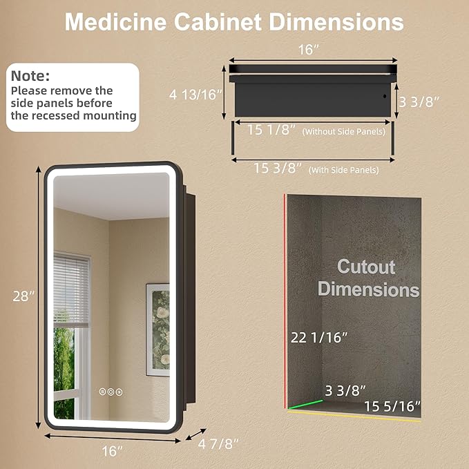 16 x 28 Inch LED Medicine Cabinet with Mirror, UL Certified Dimmable Lighted Bathroom Mirror Cabinet, Anti-Fog & Memory Function, 3 Color Modes, Recessed or Wall Mounted, Adjustable Shelf, Black