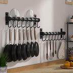 Dseap Kitchen Utensil Holder Hanger, Pot and Pan Rack Wall Mount, Kitchen Rail with 8 Hooks for Hanging Cooking Utensils, Mugs, Spoons, Wall Mounted, Stainless Steel, Black
