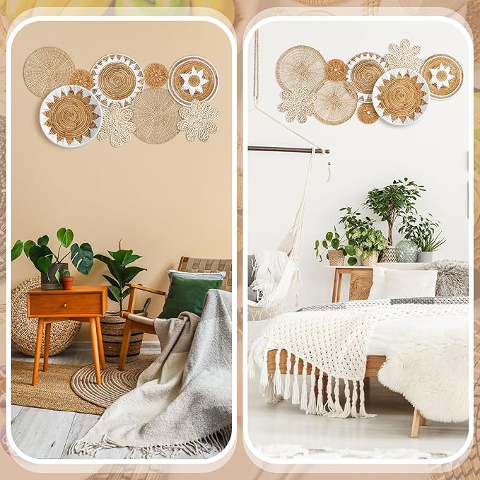 Xuhal 8 Pcs Boho Wall Basket Decor Decorative Bulrush Woven Basket Wall Decor Rustic Farmhouse Hanging Baskets for Kitchen Rustic Home Summer Decorations